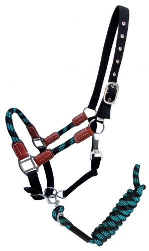 Showman Nylon halter and matching lead rope with leather accents #5